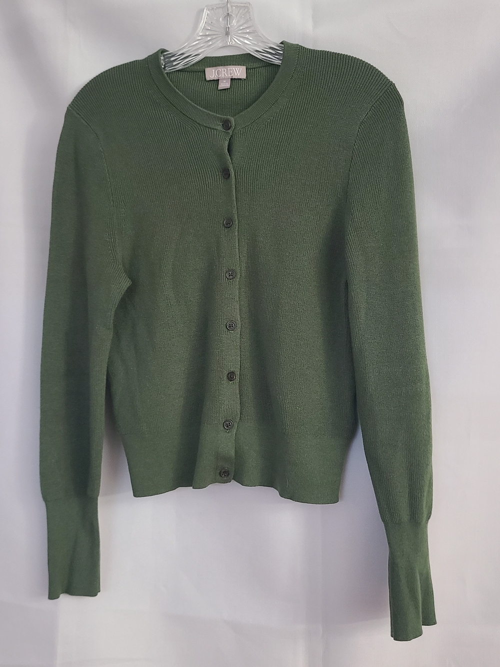 J Crew Sz M Olive Green Silk Blend Ribbed Casual Preppy Office Work Cardigan